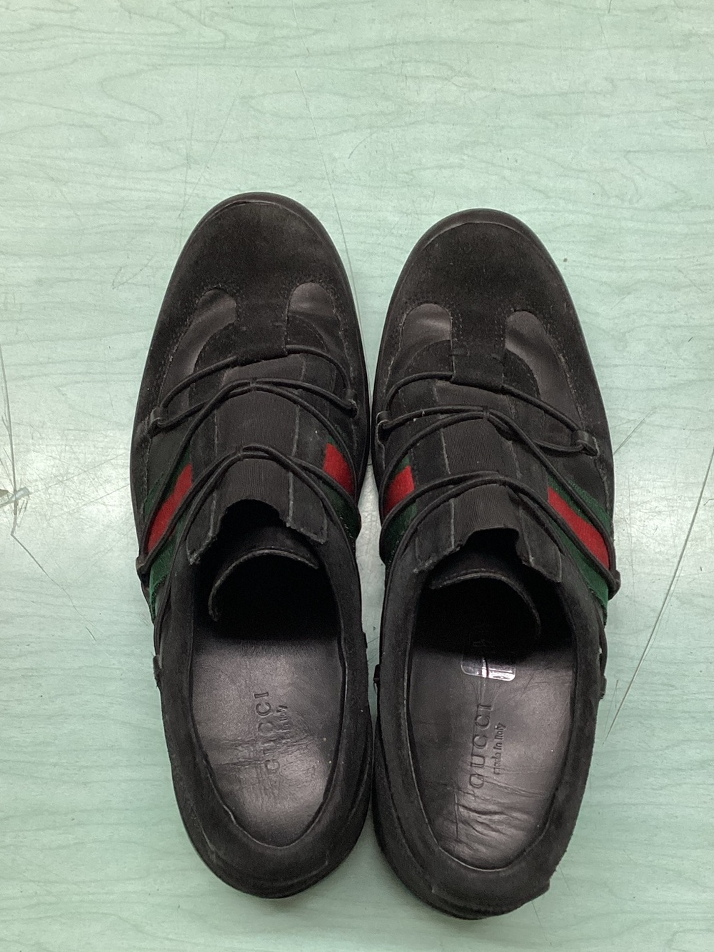 Gucci Black Suede Low-Top Sneakers with Red and Green Web Stripes